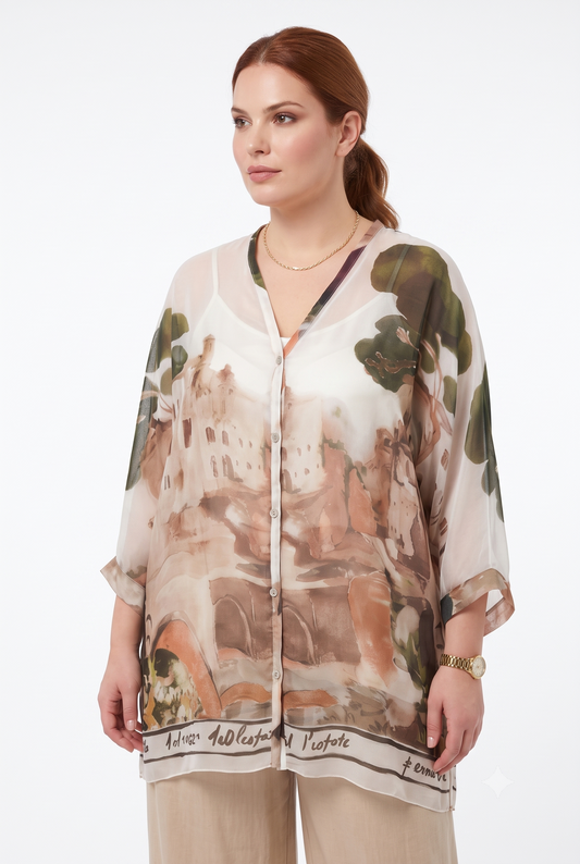 Set donna curvy canottiera e camicia fantasia paesaggio beige