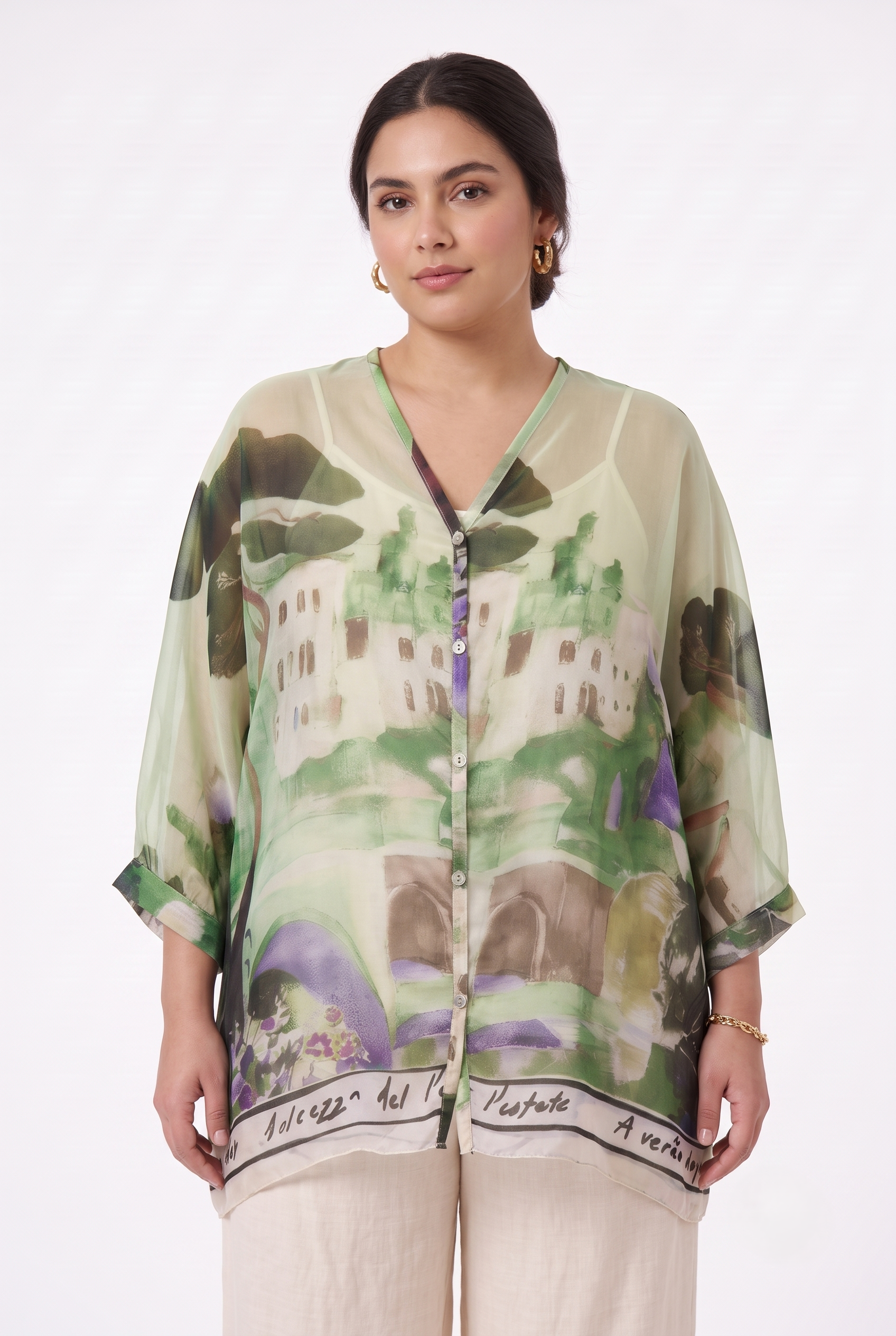 Set donna curvy canottiera e camicia fantasia verde salvia