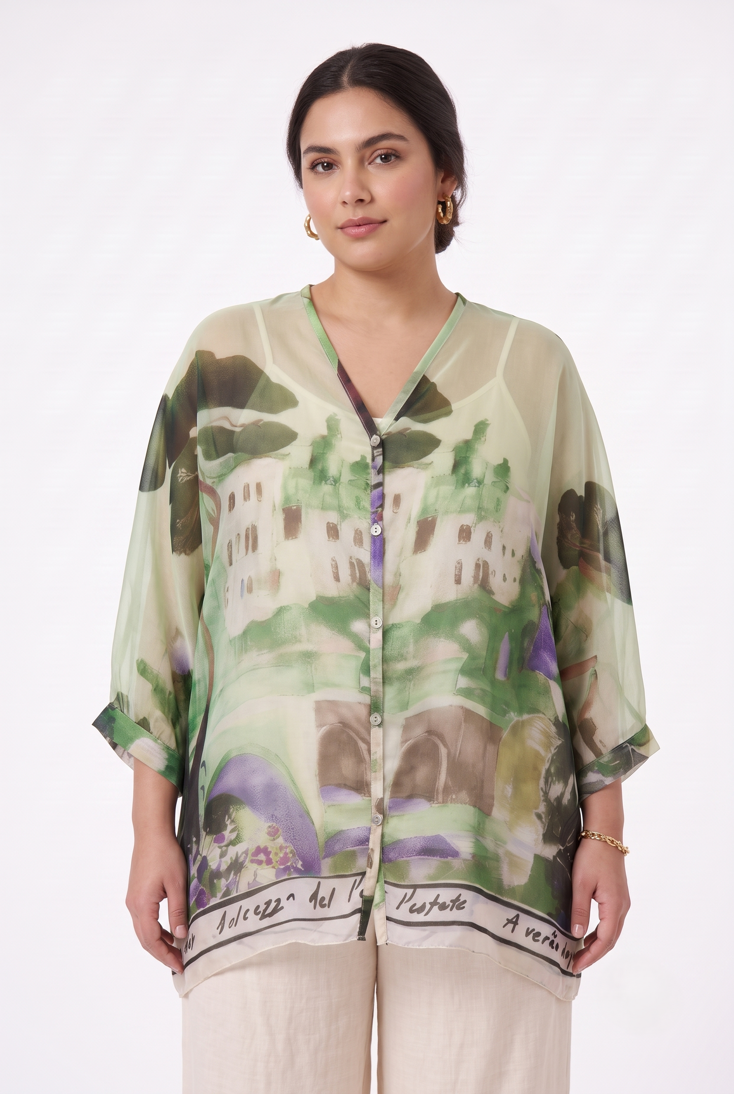 Set donna curvy canottiera e camicia fantasia verde salvia