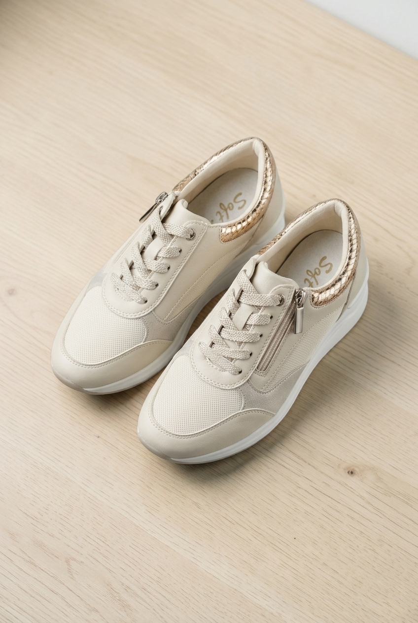 Sneakers beige donna con soletta comfort e dettagli oro tallone