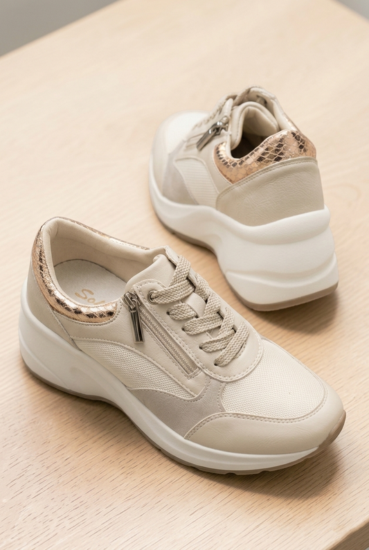 Sneakers platform donna beige con inserto oro e suola rialzata 6,5 cm