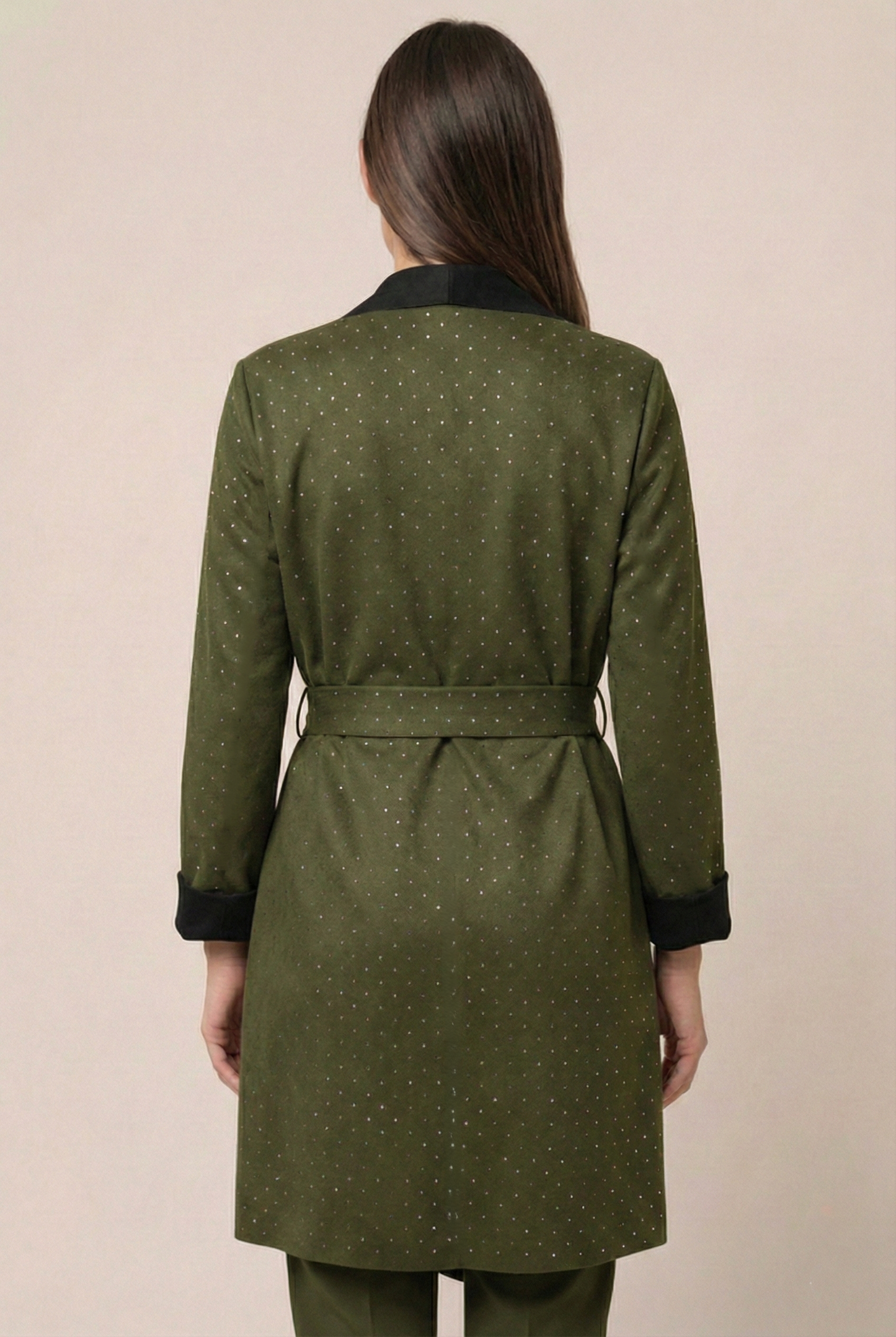 Spolverino donna verde effetto scamosciato con micro strass e cintura taglia unica 44-48 di schiena