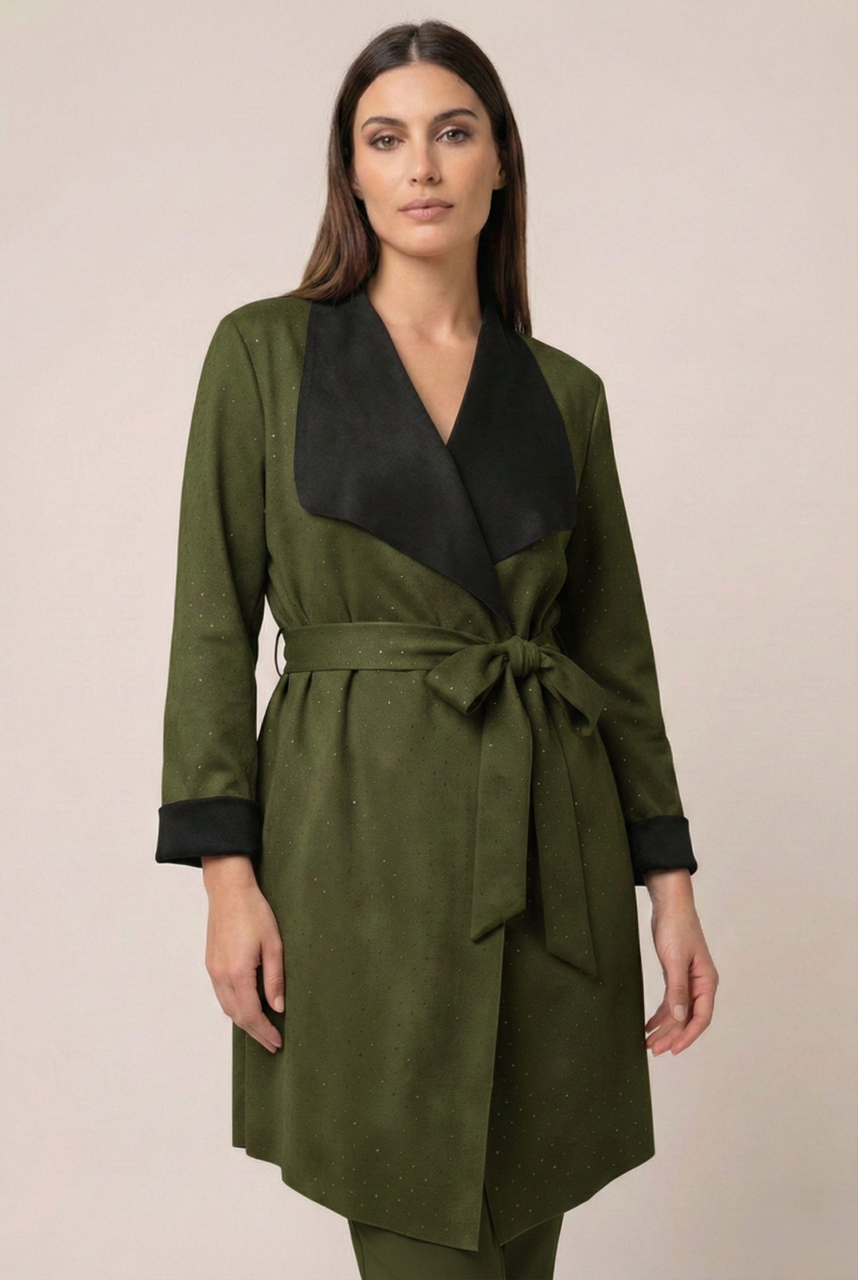Spolverino donna verde effetto scamosciato con micro strass e cintura taglia unica 44-48