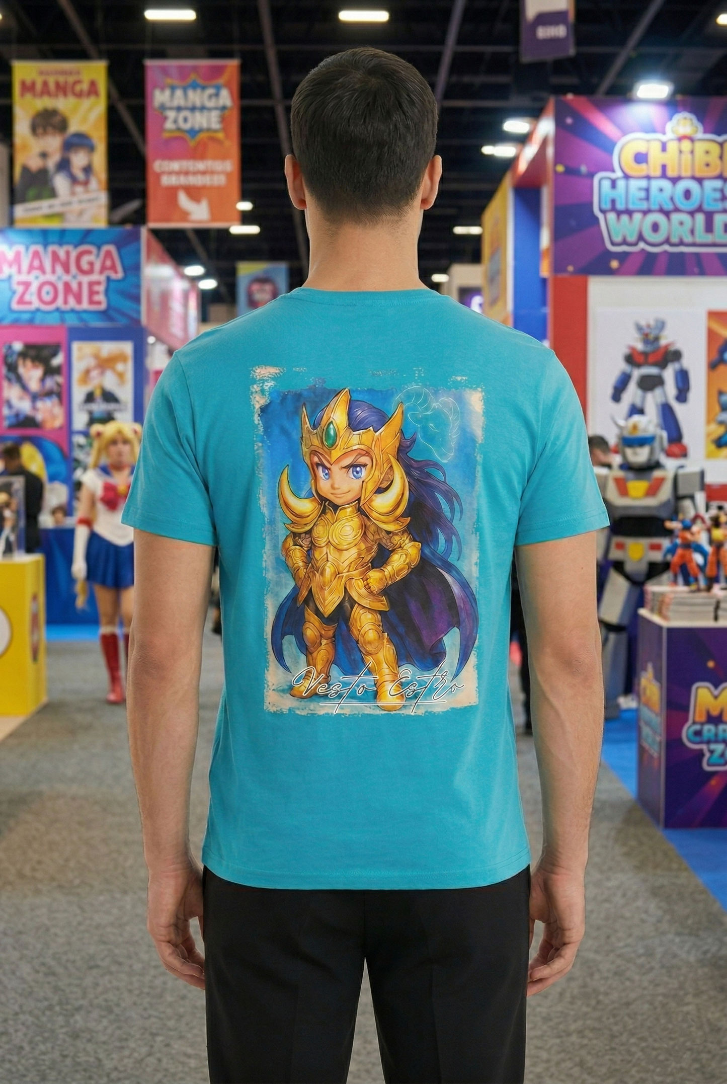 T-shirt Aries Mu turchese retro stampa anime Cavalieri dello Zodiaco al Romics
