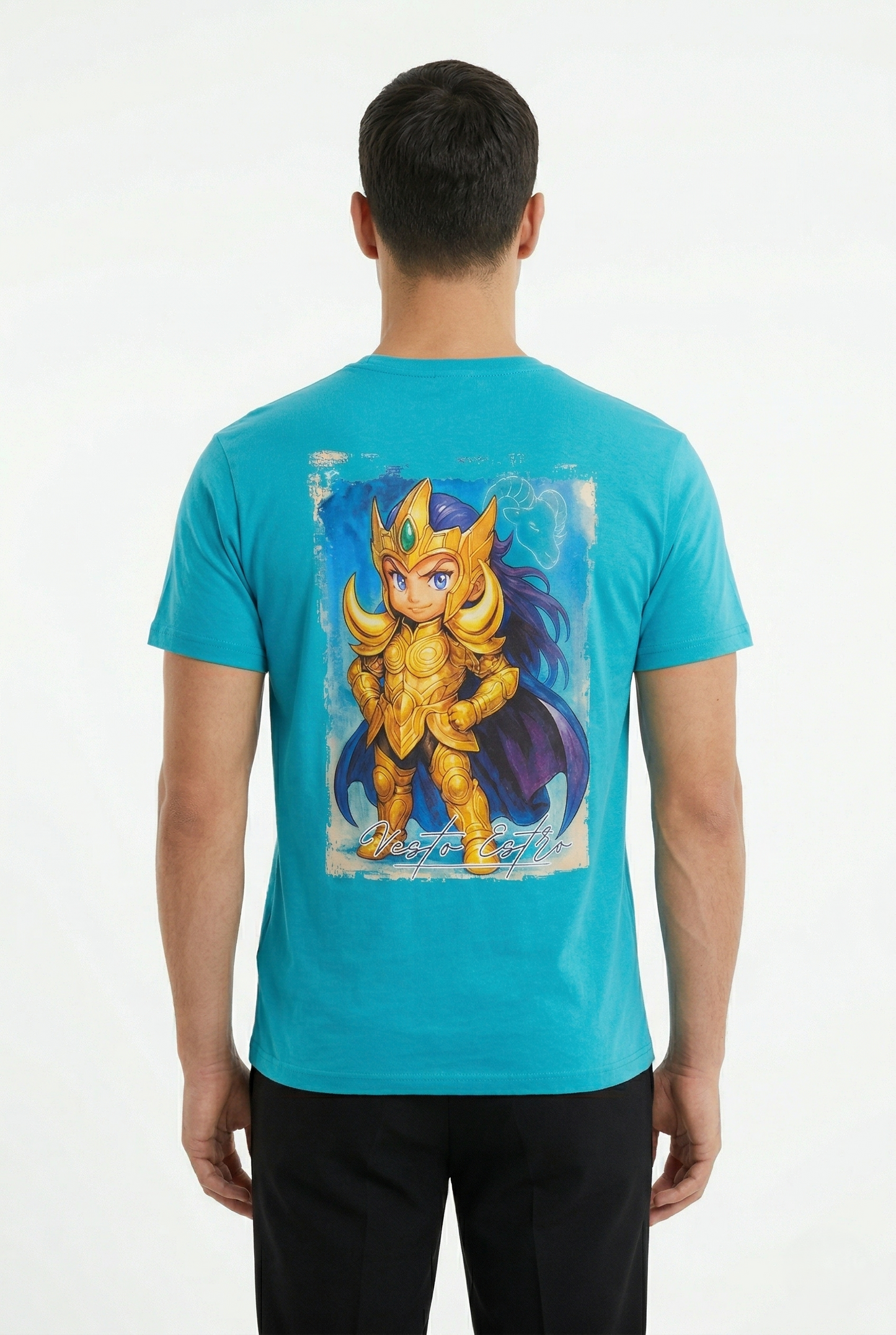 T-shirt Aries Mu turchese retro stampa anime Cavalieri dello Zodiaco