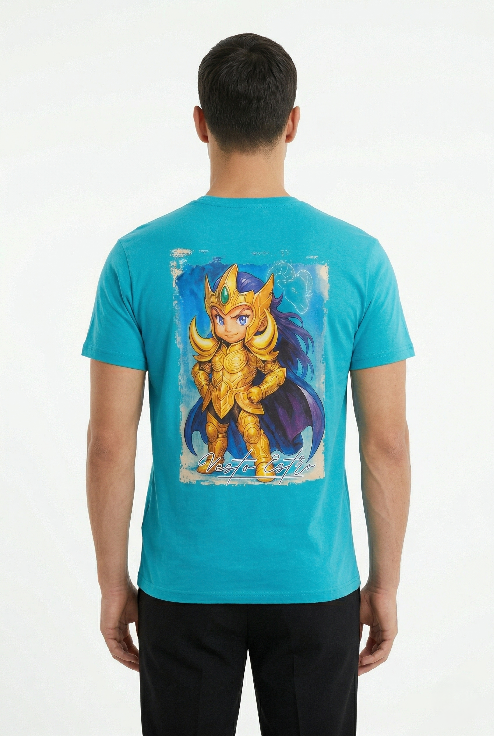 T-shirt Aries Mu turchese retro stampa anime Cavalieri dello Zodiaco