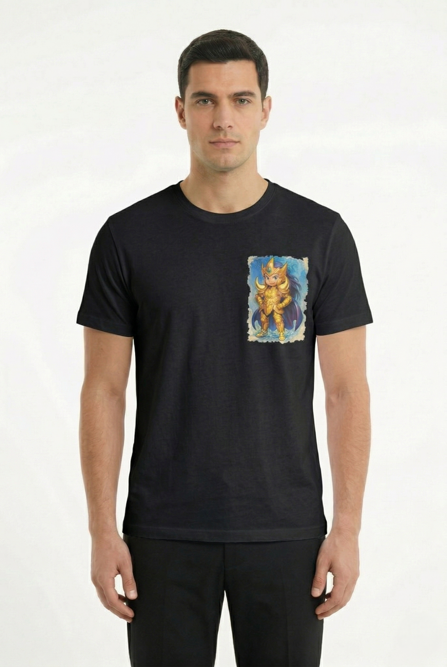 T-shirt Aries Cavalieri dello Zodiaco nera stampa frontale Mu Ariete anime