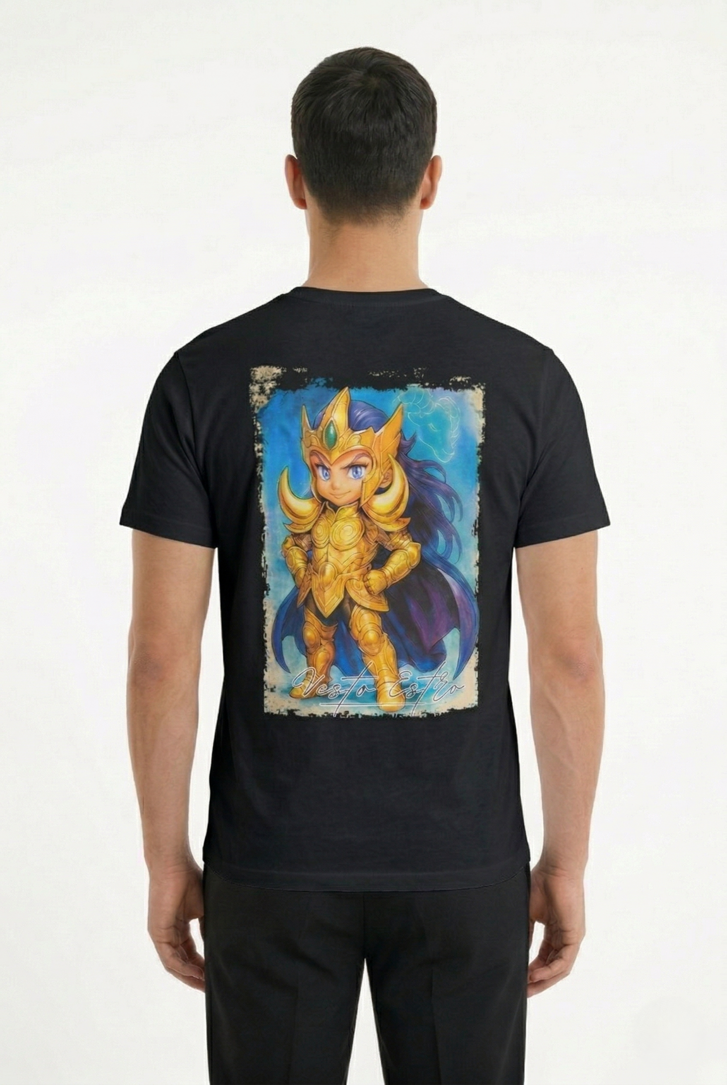 T-shirt Aries Saint Seiya nera stampa retro Cavaliere d’Oro Ariete