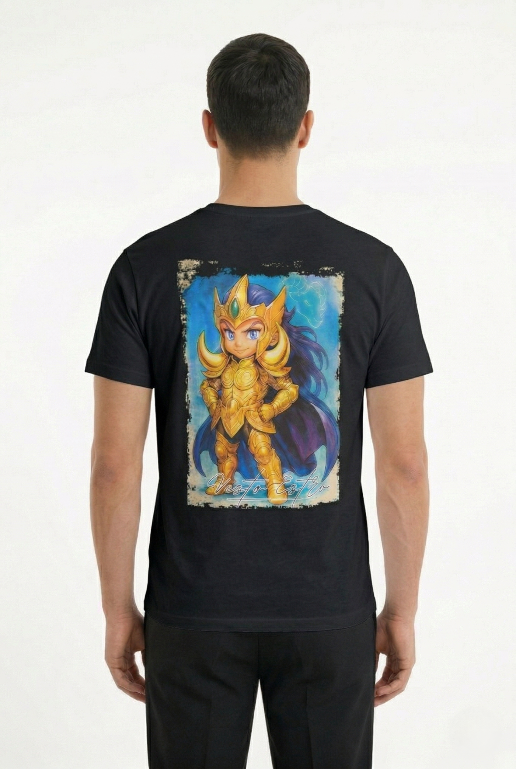 T-shirt Aries Saint Seiya nera stampa retro Cavaliere d’Oro Ariete