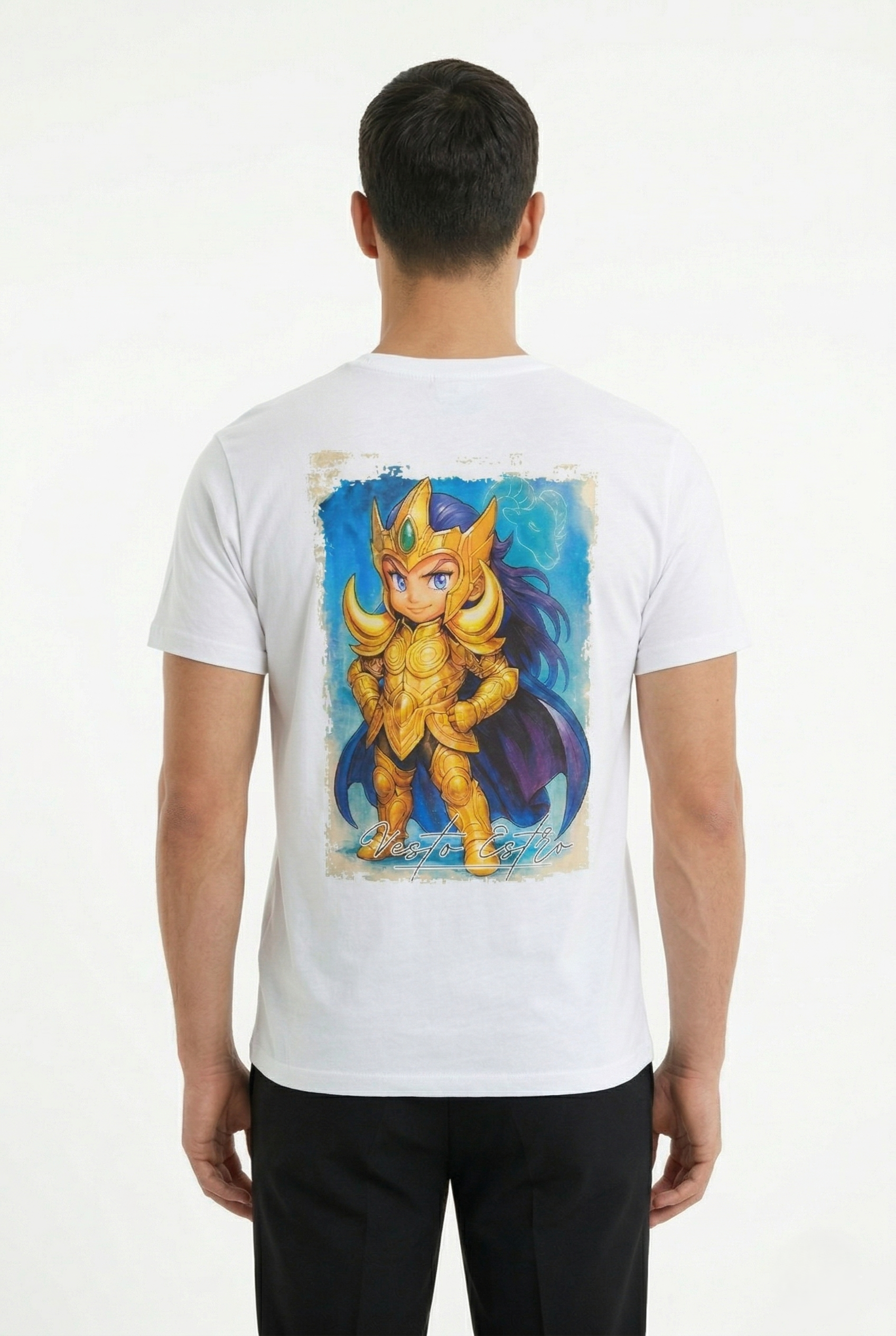 T-shirt Saint Seiya Aries bianca stampa grande posteriore