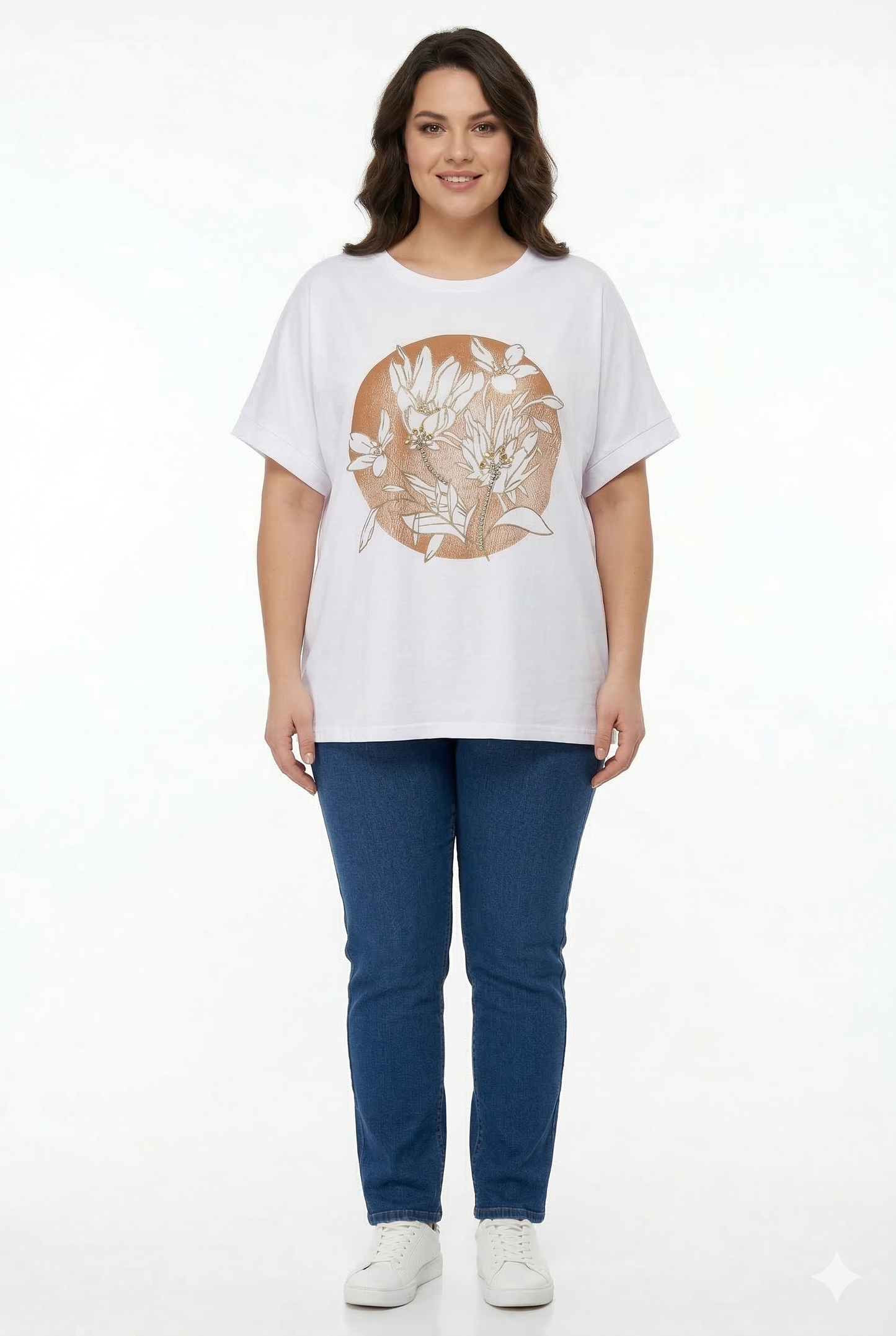 t-shirt bianca in cotone con stampa floreale bianca e marrone con strass taglie forti