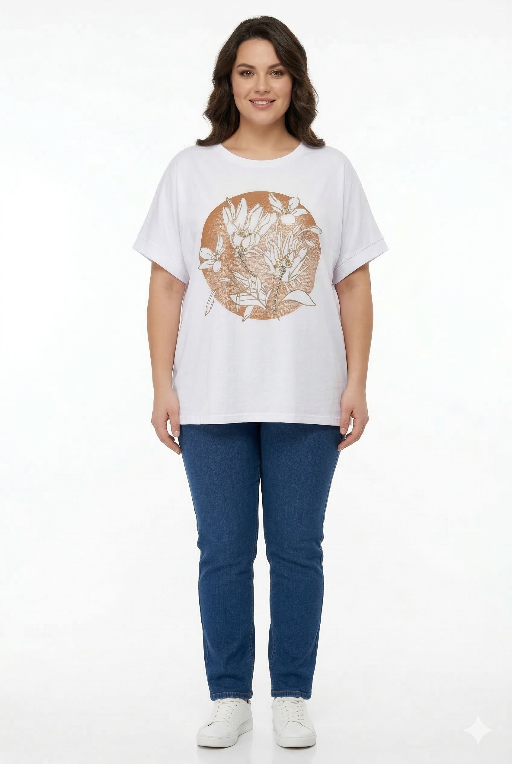 t-shirt bianca in cotone con stampa floreale bianca e marrone con strass taglie forti