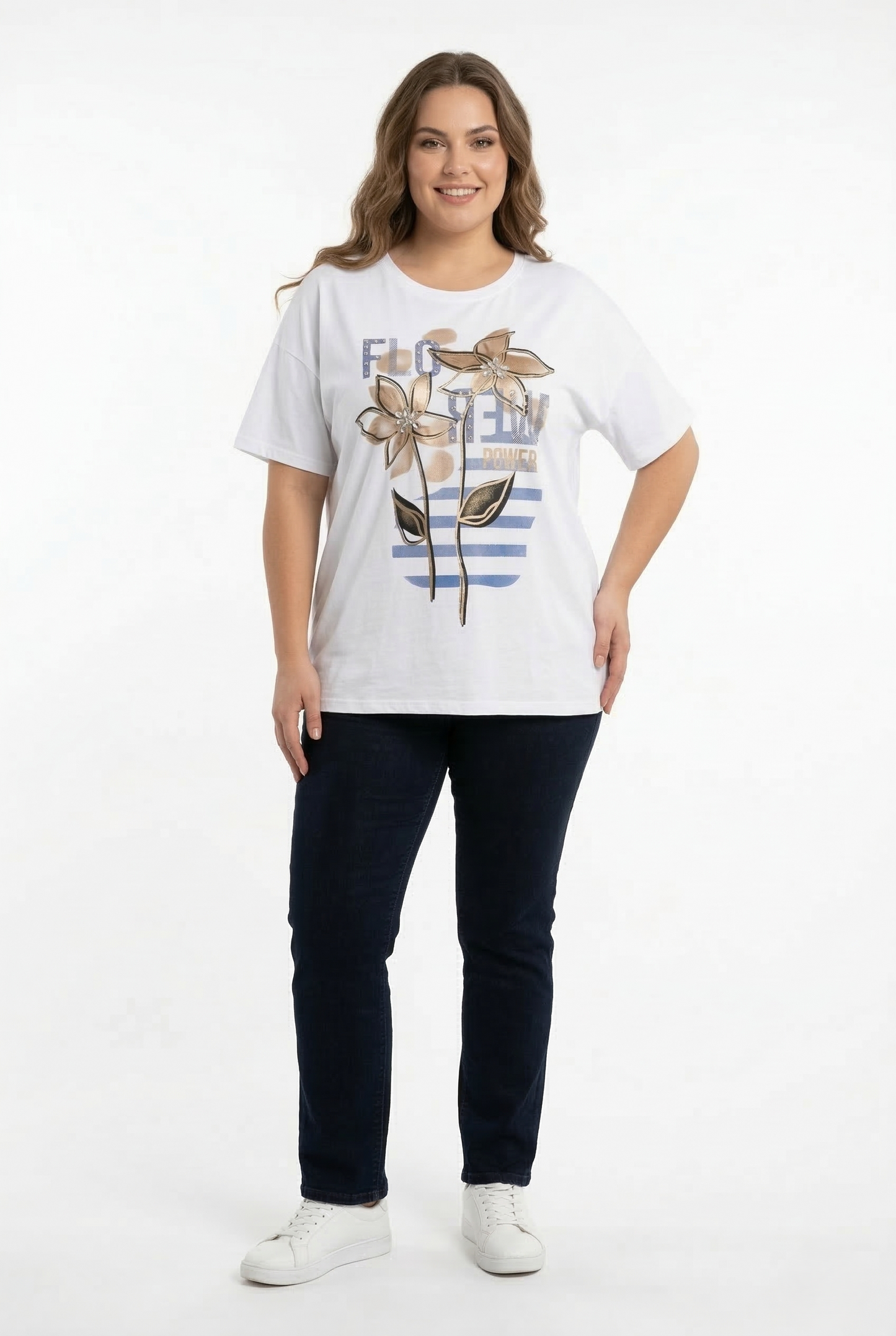 T-shirt curvy donna taglia unica fino alla 58 con stampa floreale dorata