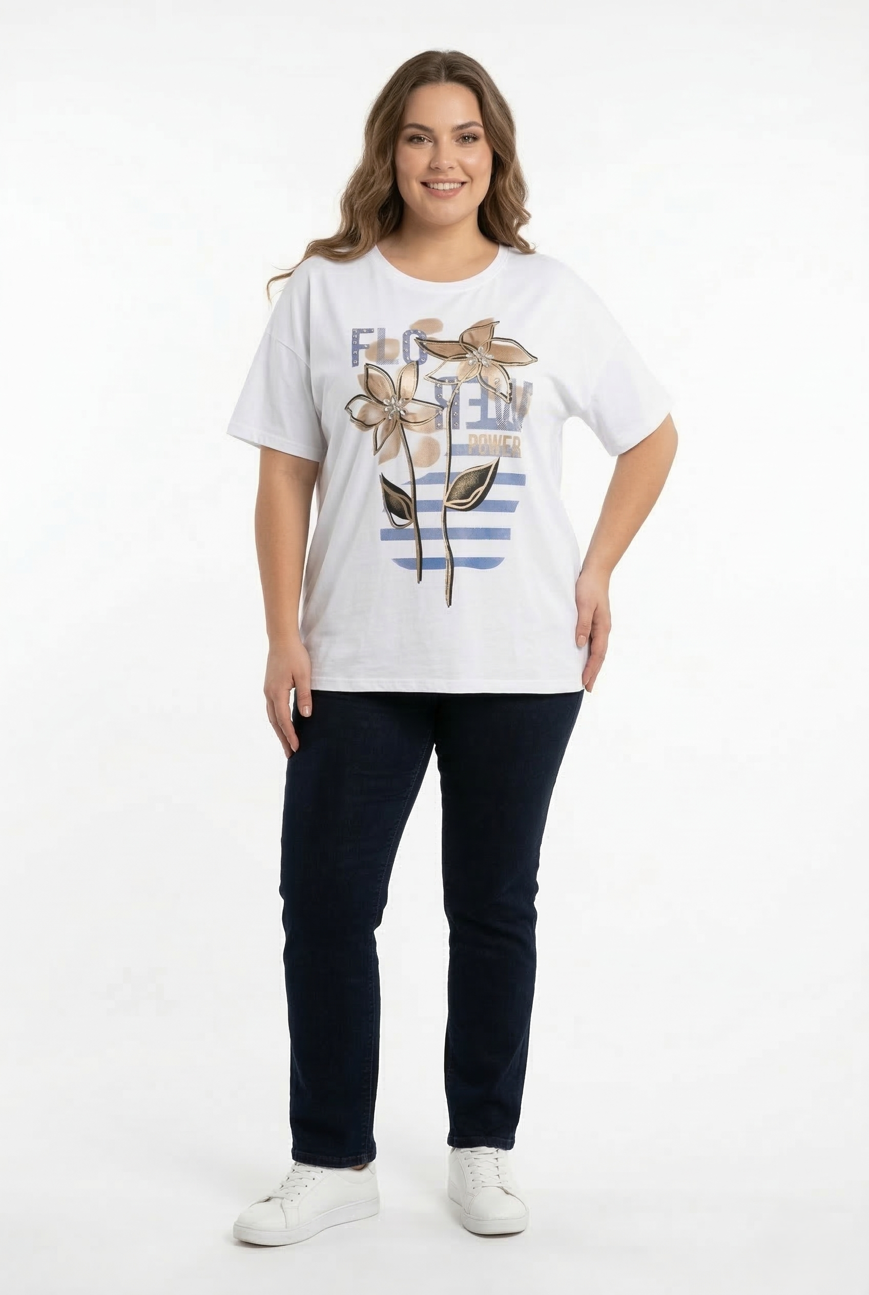 T-shirt curvy donna taglia unica fino alla 58 con stampa floreale dorata
