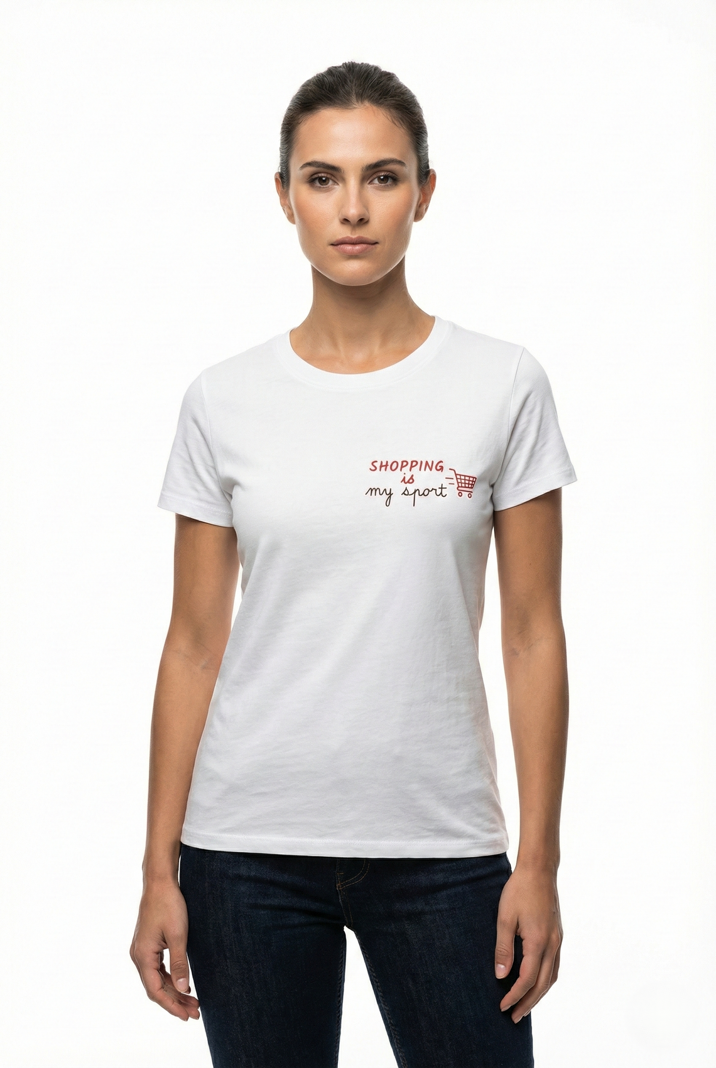 T-shirt donna bianca in cotone con scritta ironica “Shopping is my sport”, taglia unica vestibilità fino alla L