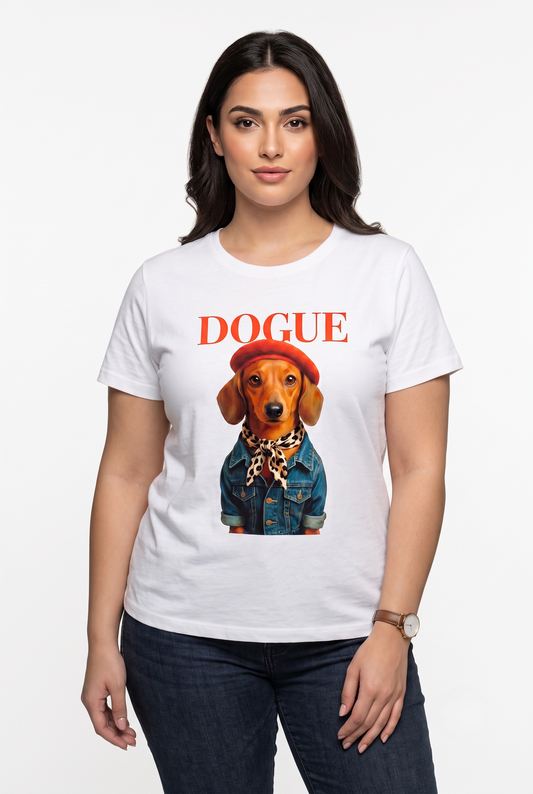 T-shirt donna bianca con grafica bassotto fashion, taglia unica con vestibilità dalla S alla L