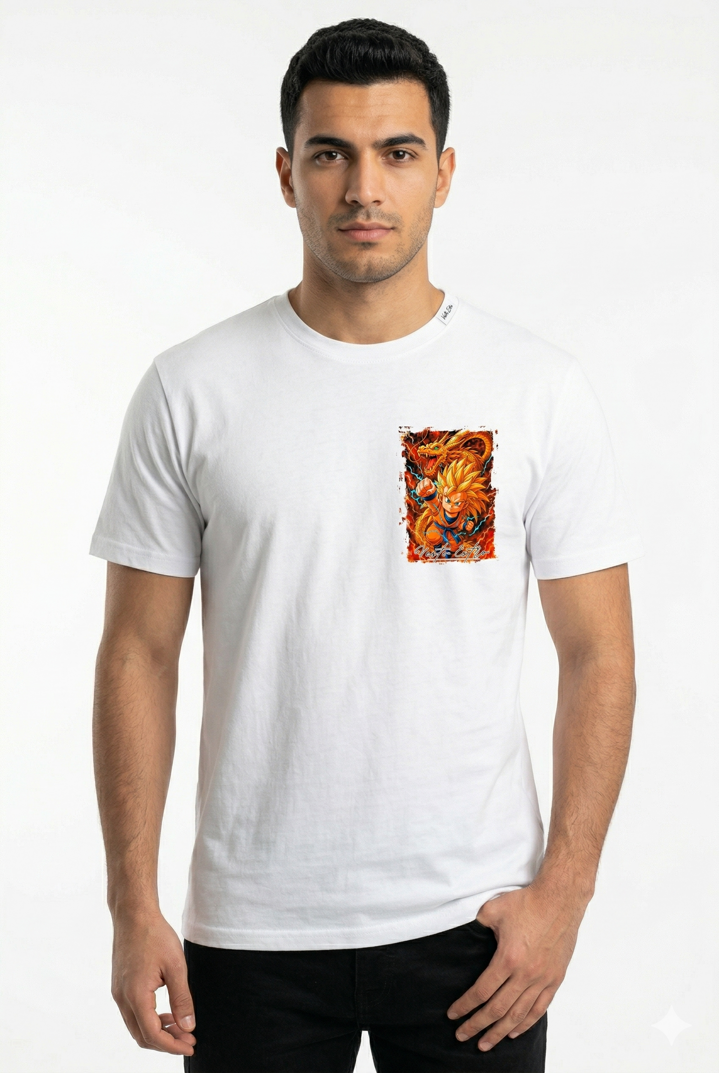 T-shirt anime Dragon Ball Super Saiyan bianca stampa petto
