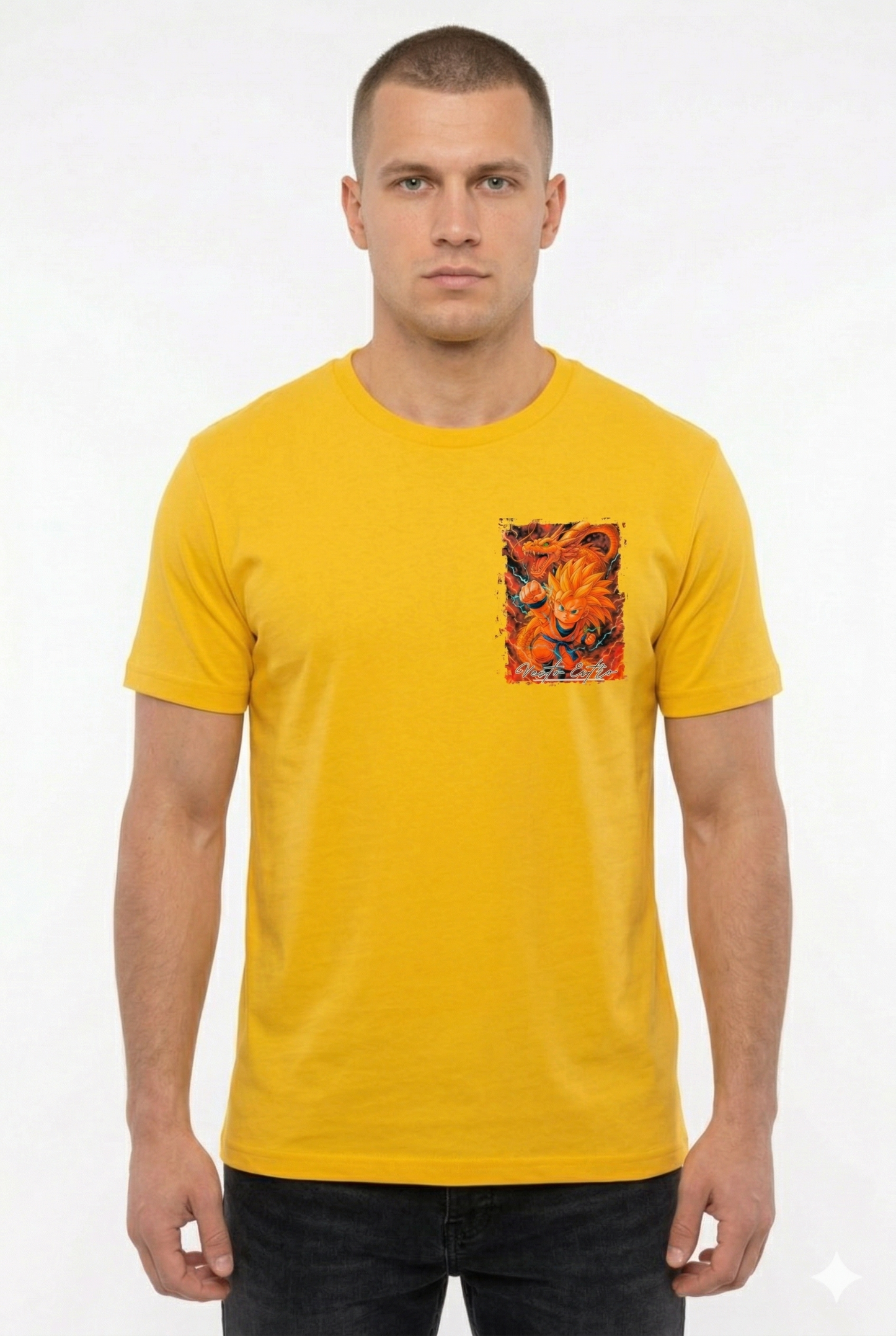 T-shirt Dragon Ball Super Saiyan gialla con stampa anime fronte piccolo