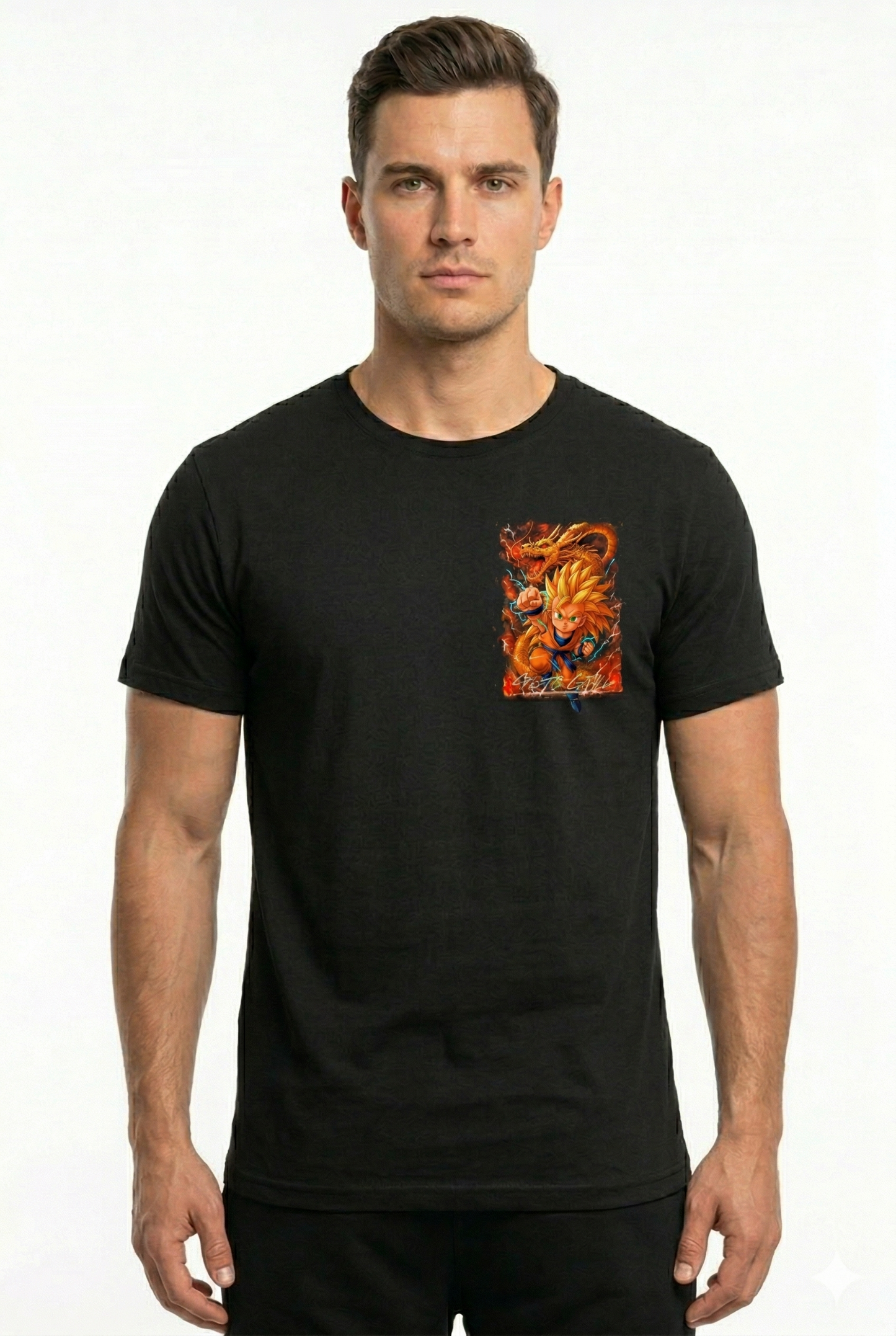 T-shirt Dragon Ball Super Saiyan nera fronte stampa anime