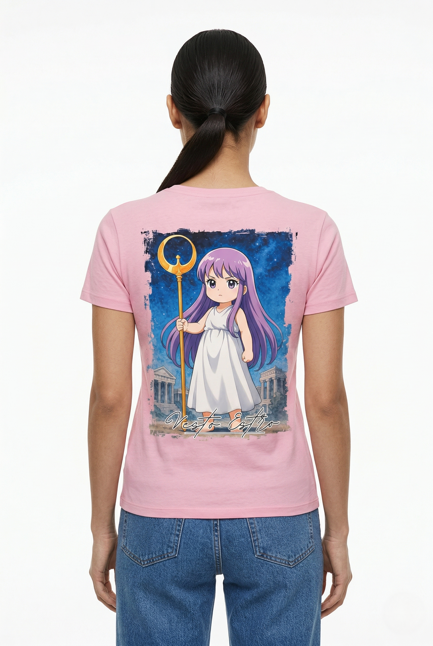 T-shirt Lady Isabel Cavalieri dello Zodiaco con stampa anime Saori Kido sul retro