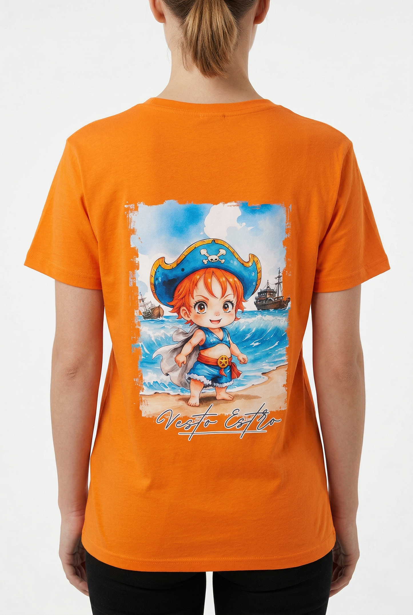 Maglietta Nami One Piece arancione stampa retro anime manga