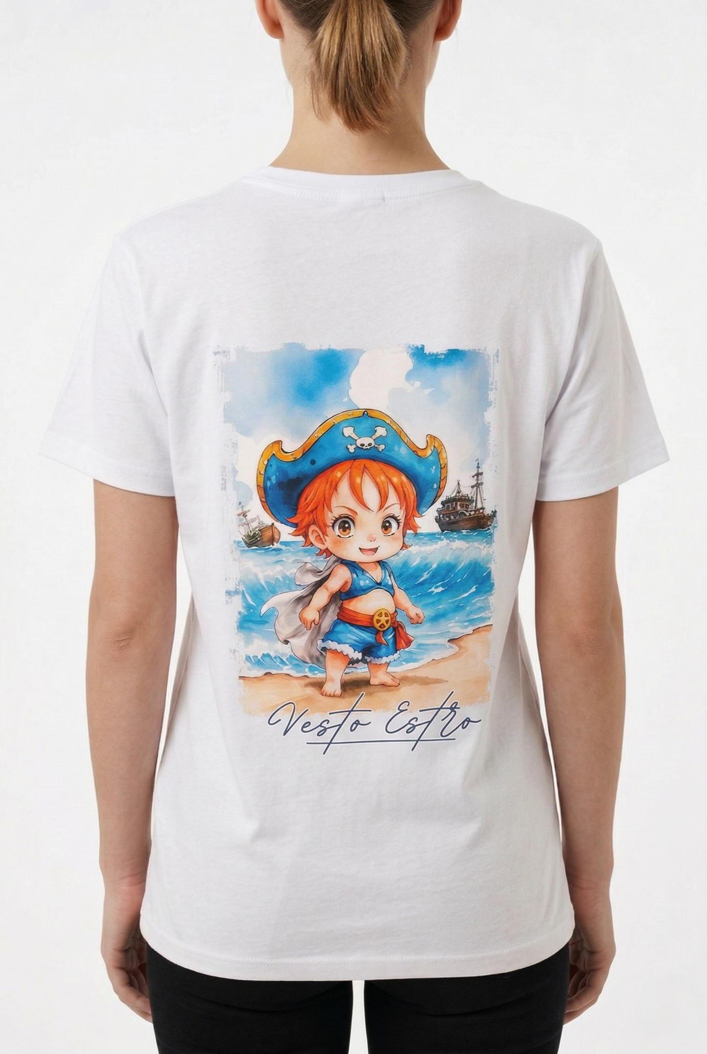 Maglia Nami One Piece bianca donna stampa retro grande anime