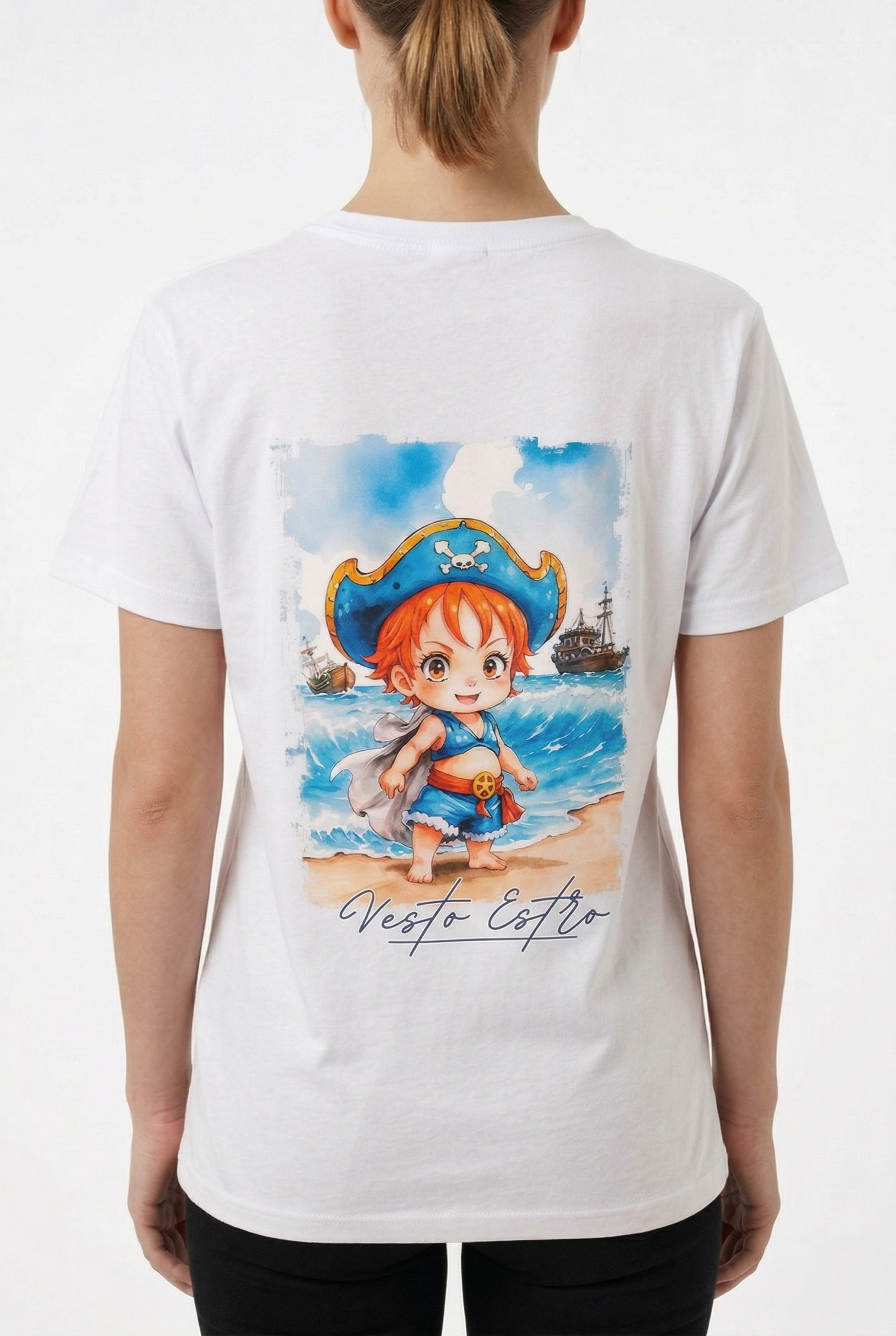 Maglia Nami One Piece bianca donna stampa retro grande anime