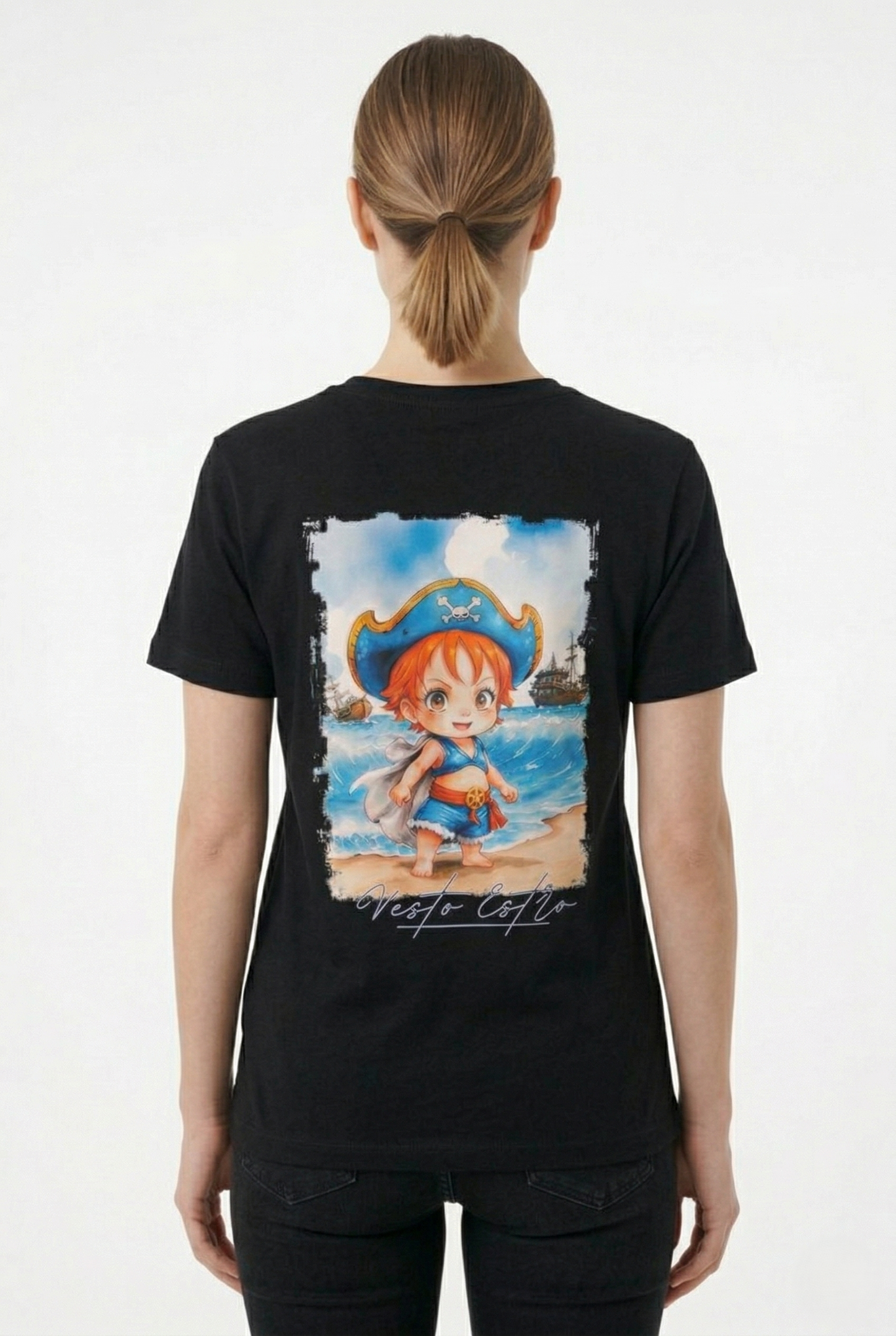 T shirt Nami One Piece donna nera stampa grande retro anime manga