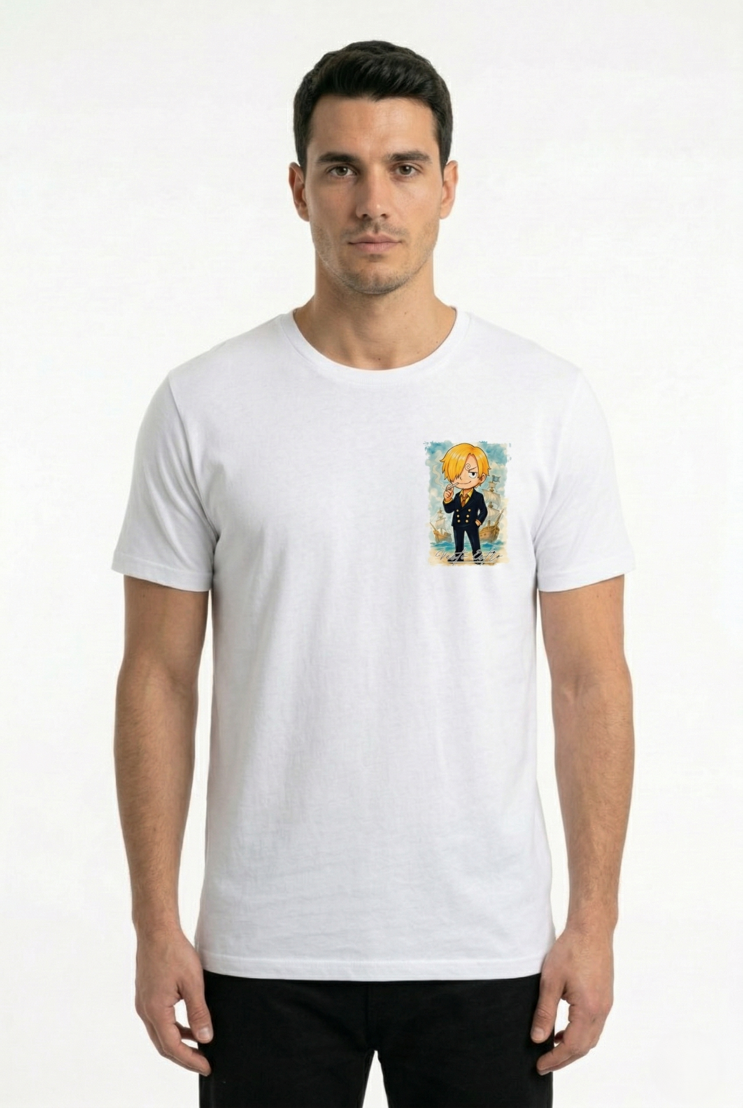 Maglietta Sanji One Piece bianca stampa anime Vesto Estro fronte