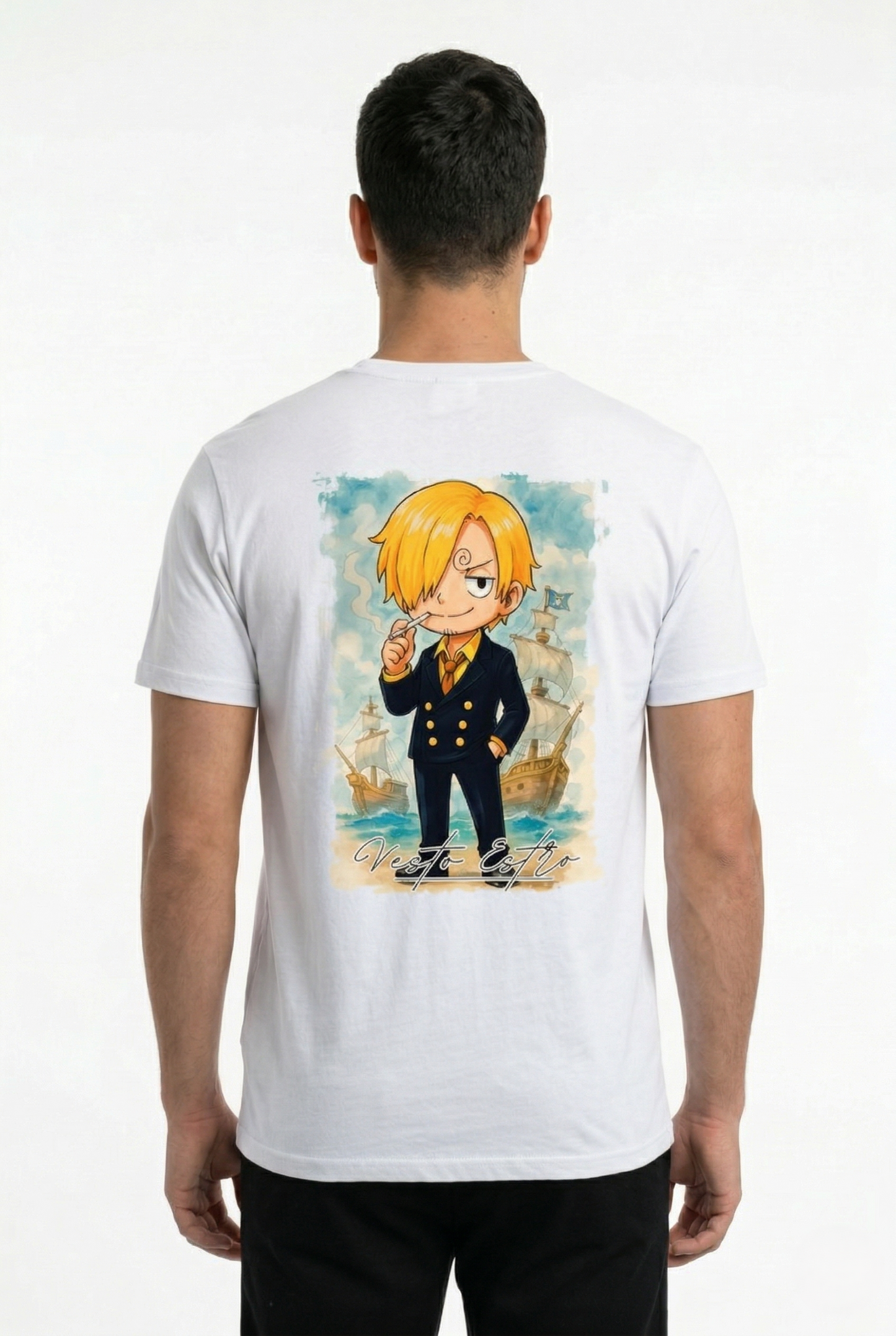 Maglietta Sanji One Piece bianca stampa retro Sanji Vesto Estro