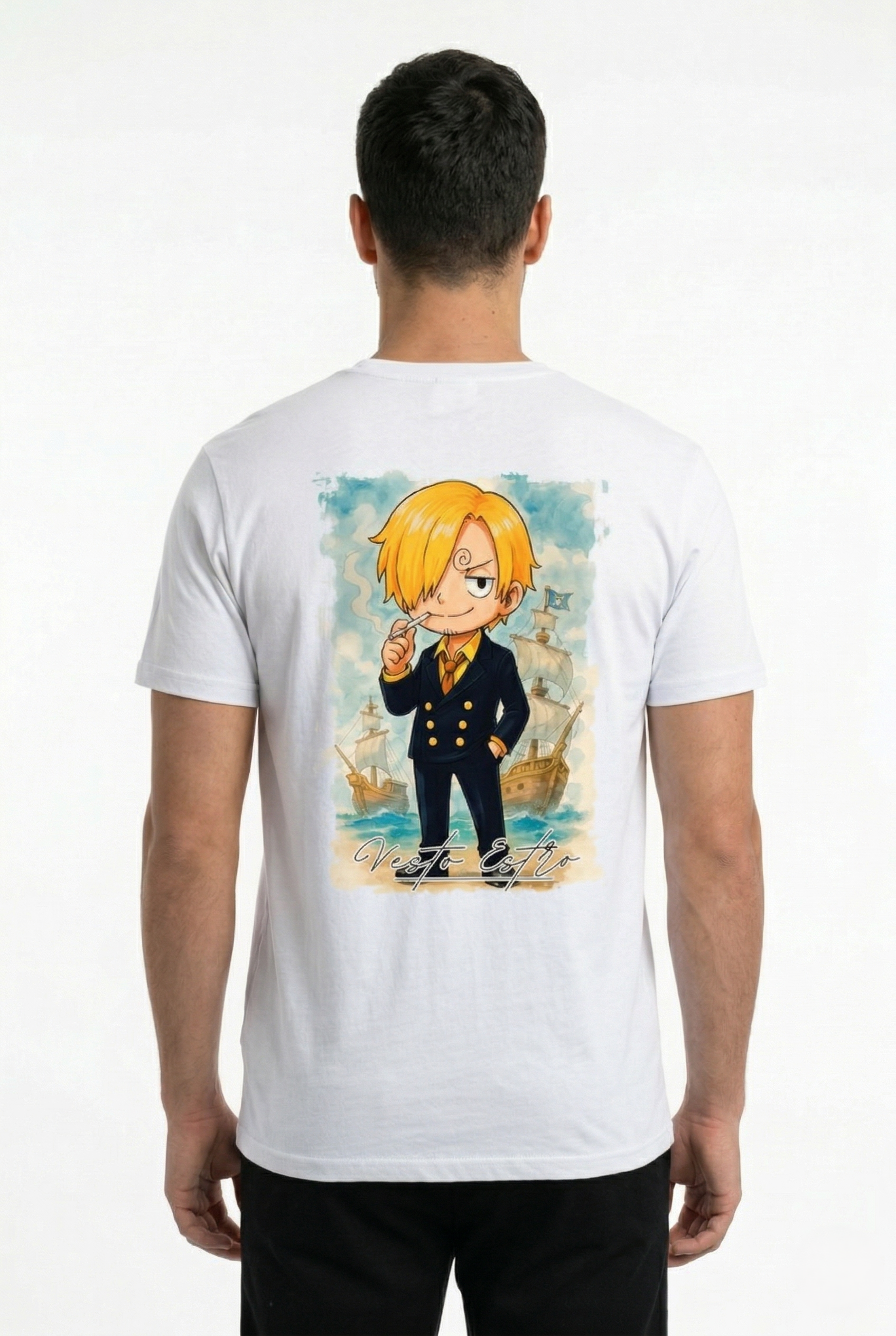 Maglietta Sanji One Piece bianca stampa retro Sanji Vesto Estro