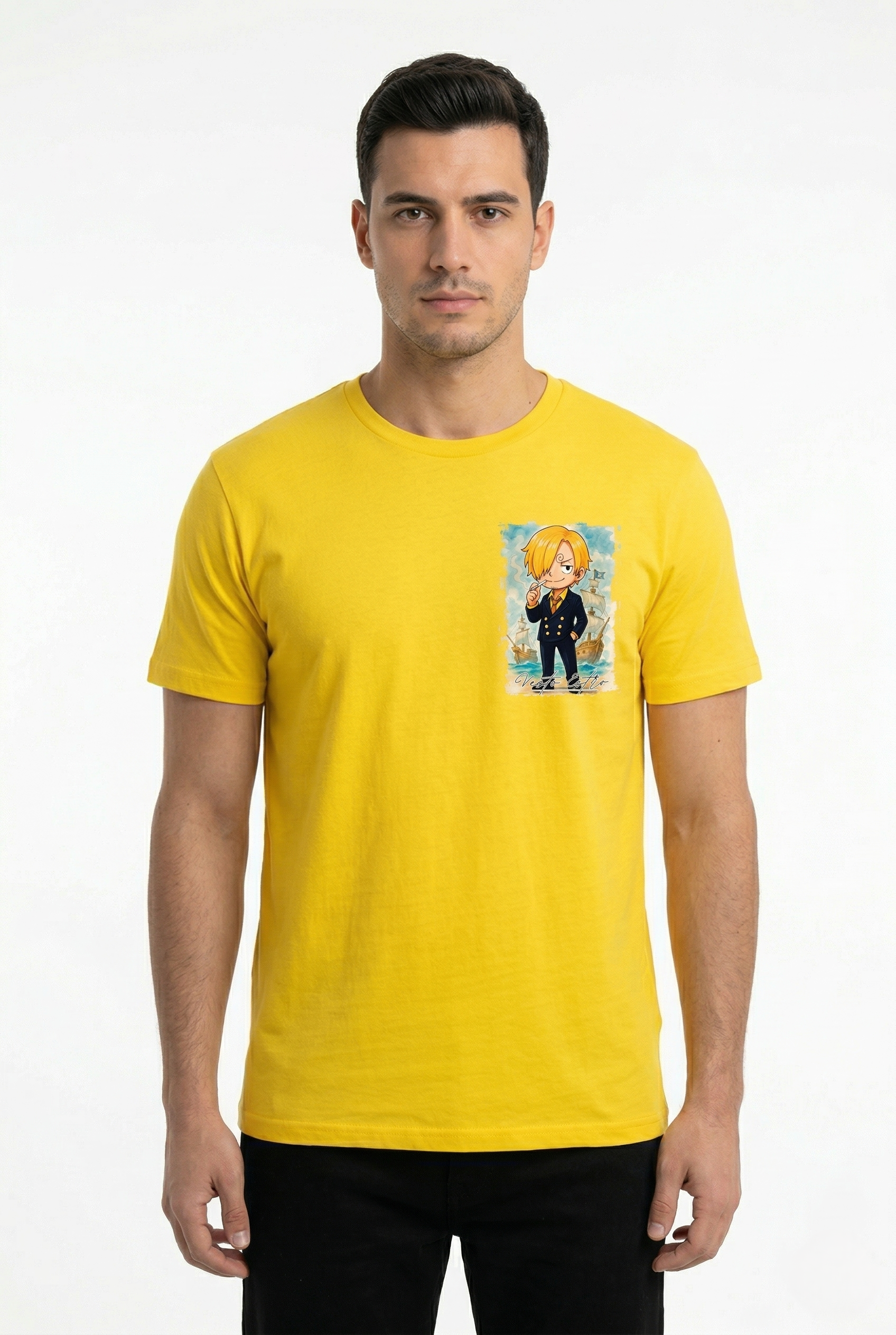 T-shirt Sanji One Piece gialla stampa anime fronte Vesto Estro