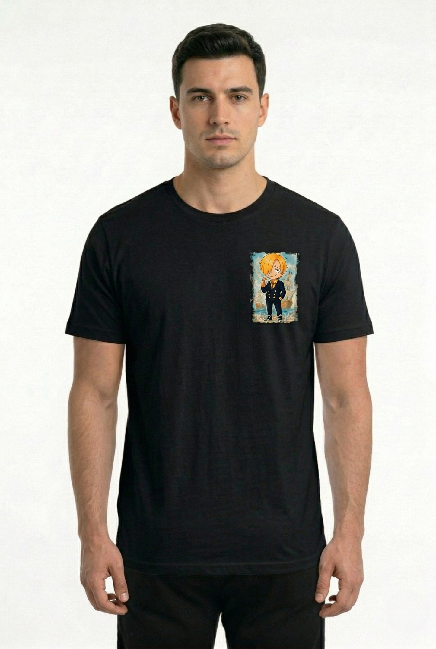 T-shirt Sanji One Piece nera con stampa anime Vesto Estro lato frontale