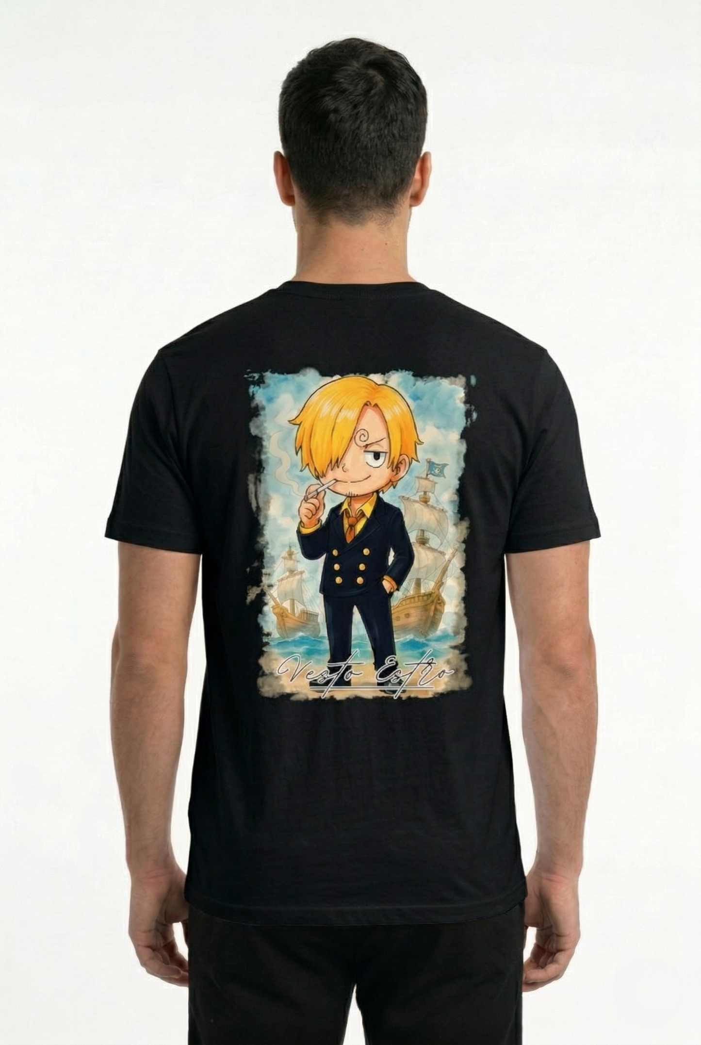 T shirt Sanji One Piece nera con grafica grande posteriore Vesto Estro