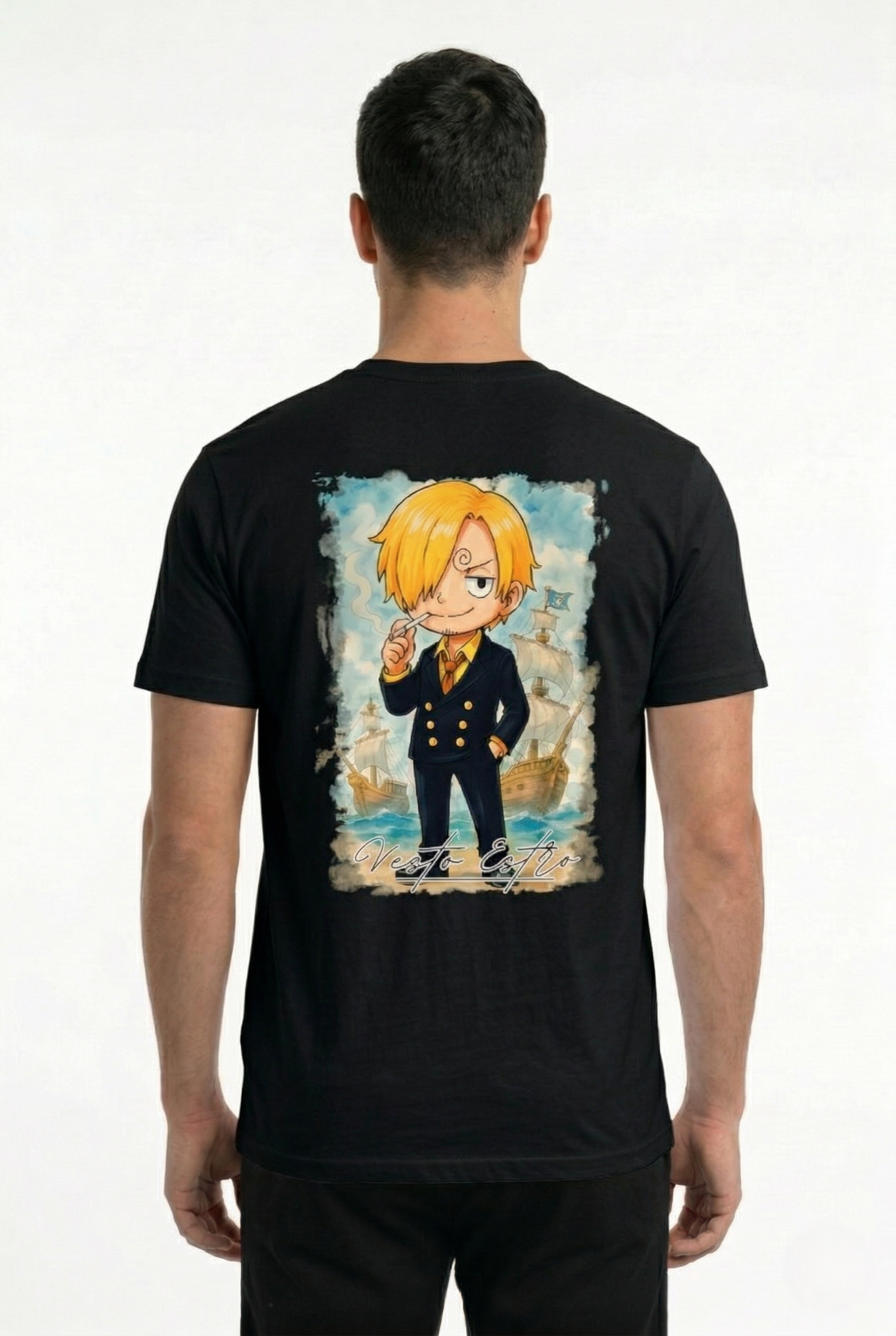 T shirt Sanji One Piece nera con grafica grande posteriore Vesto Estro
