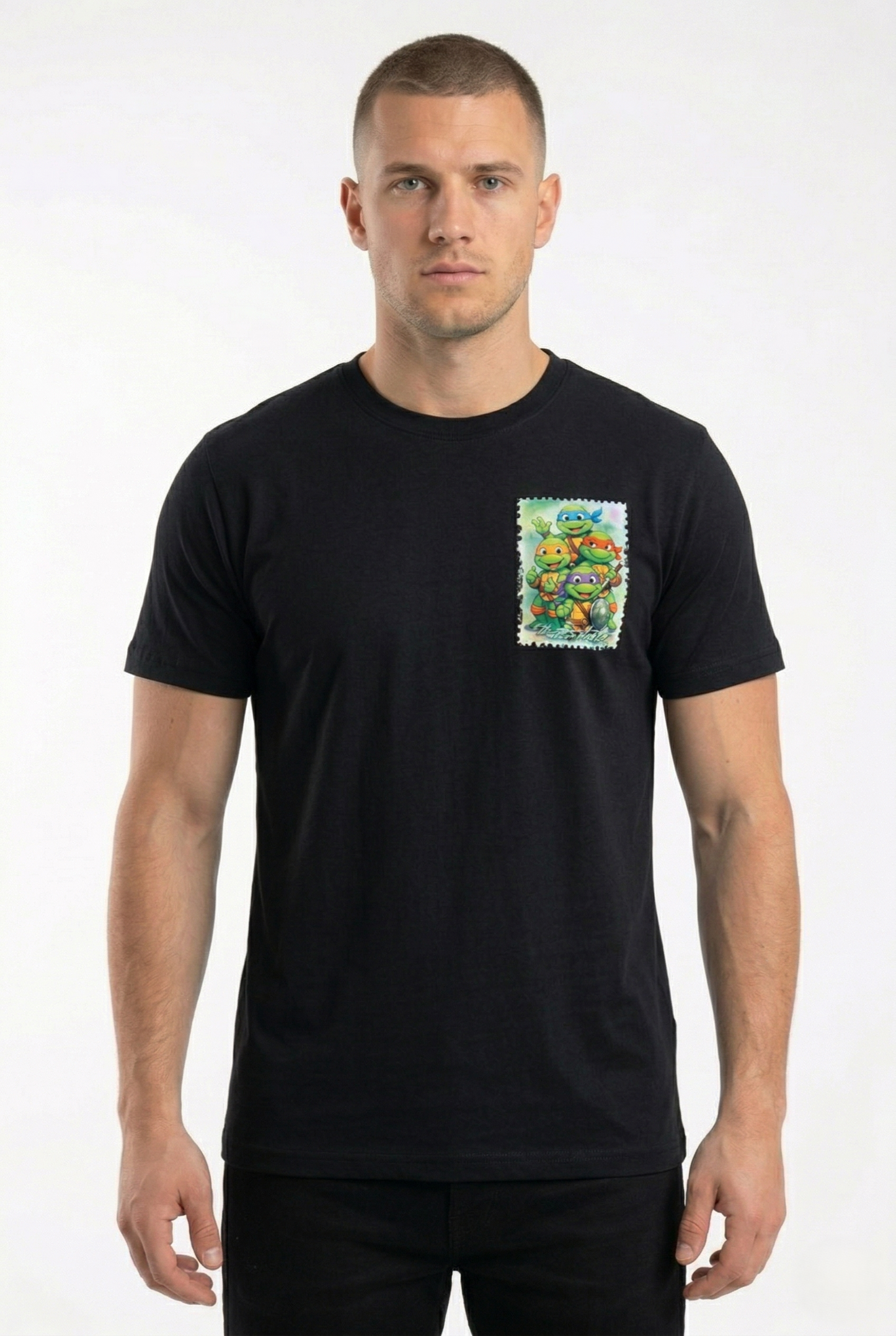 T-shirt Tartarughe Ninja nera fronte stampa retro cartoon