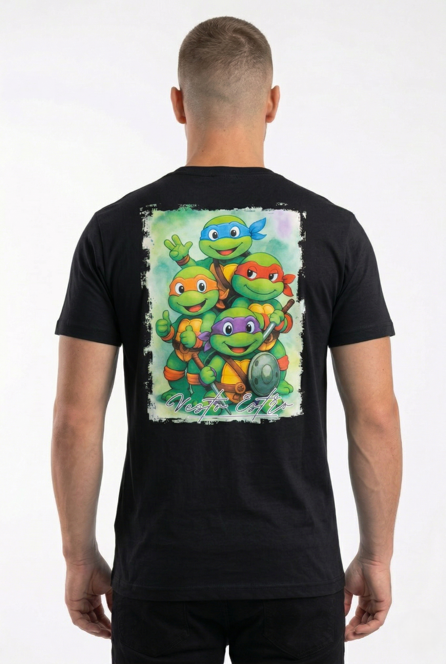 T-shirt Tartarughe Ninja nera fronte stampa retro cartoon
