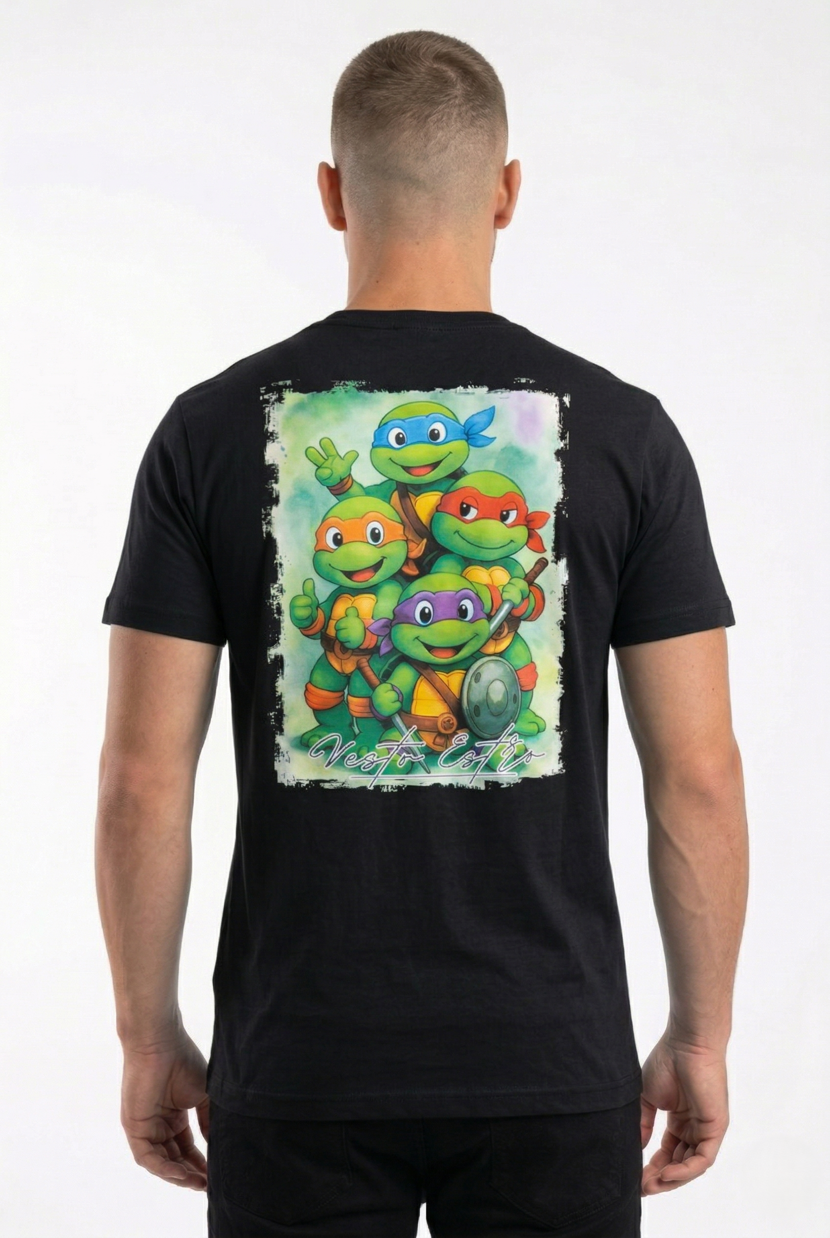 T-shirt Tartarughe Ninja nera fronte stampa retro cartoon