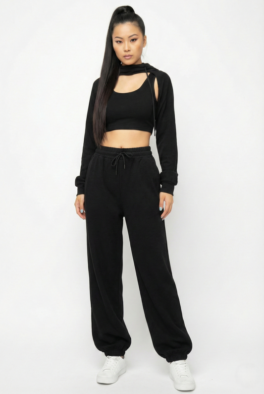 Tuta donna 3 pezzi nera con crop top felpa corta e pantaloni jogger