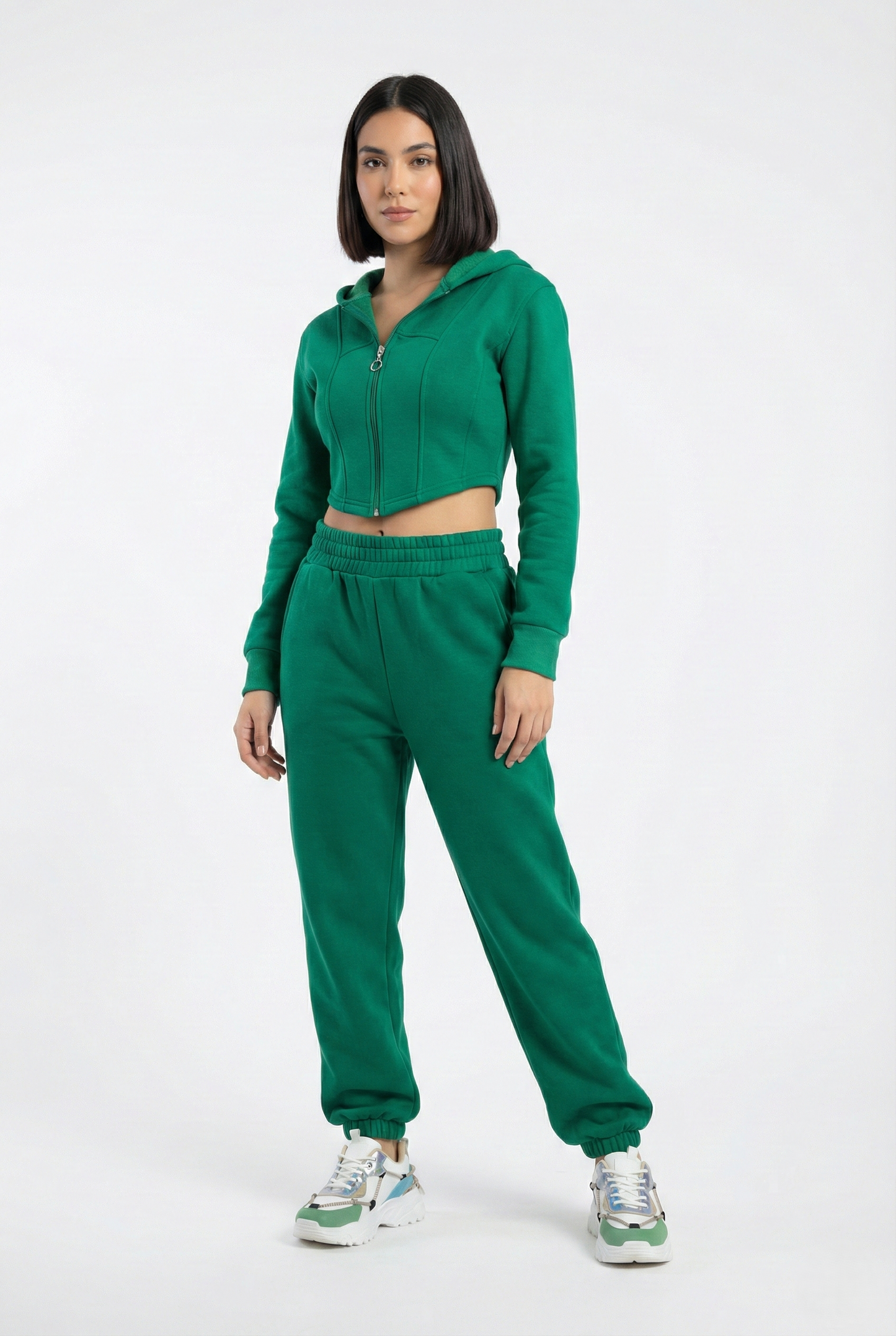 Tuta donna in felpa con felpa crop e pantaloni jogger colore verde