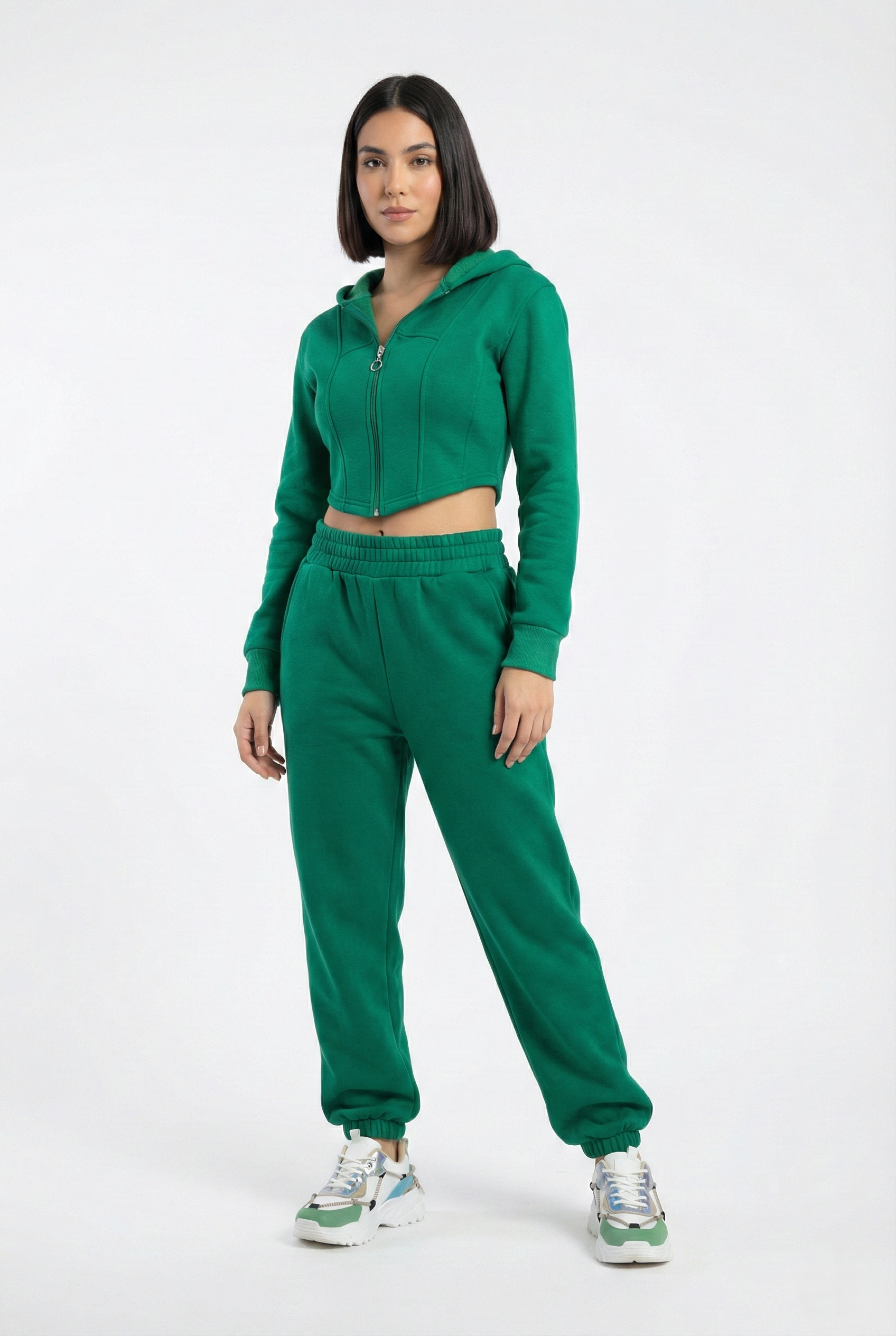 Tuta donna in felpa con felpa crop e pantaloni jogger colore verde