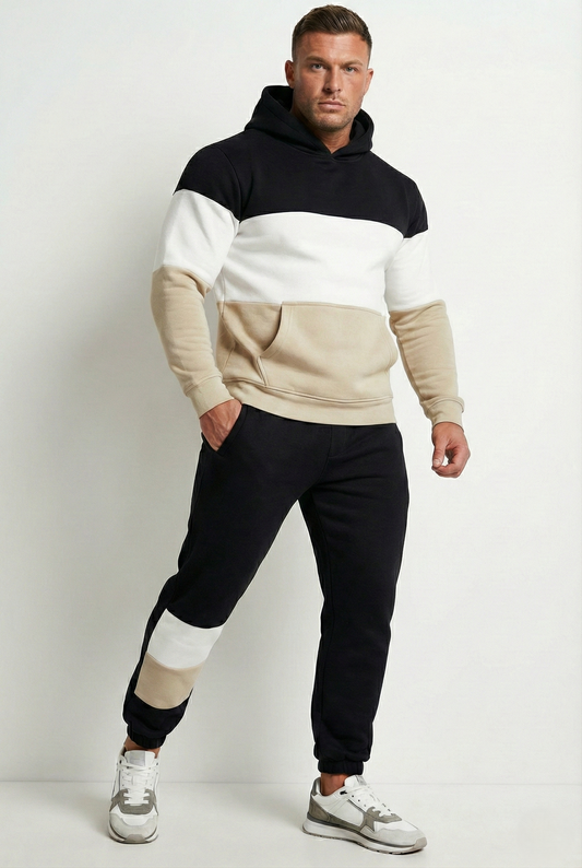 Tuta felpata uomo bicolore con cappuccio e pantaloni jogger